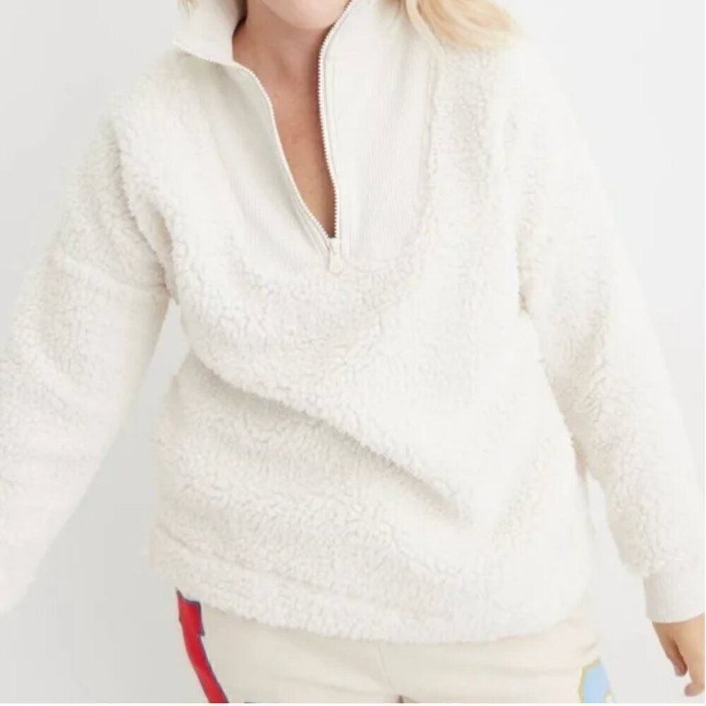 Aerie Dream Sherpa Shearling Quarter Zip Pullover Sweatshirt cream NWT xs